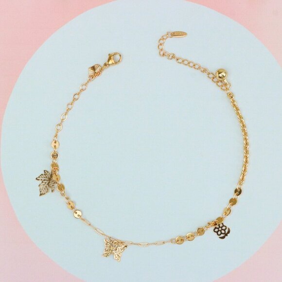 "Rose Gold Anklet with Leaf & Butterfly Charms, XPAL1163 - Picture 3 of 12